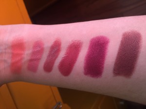Left to Right: Juicy Papaya, Naked, N9, Berry Exciting, Blissful Berry, Untainted Spice